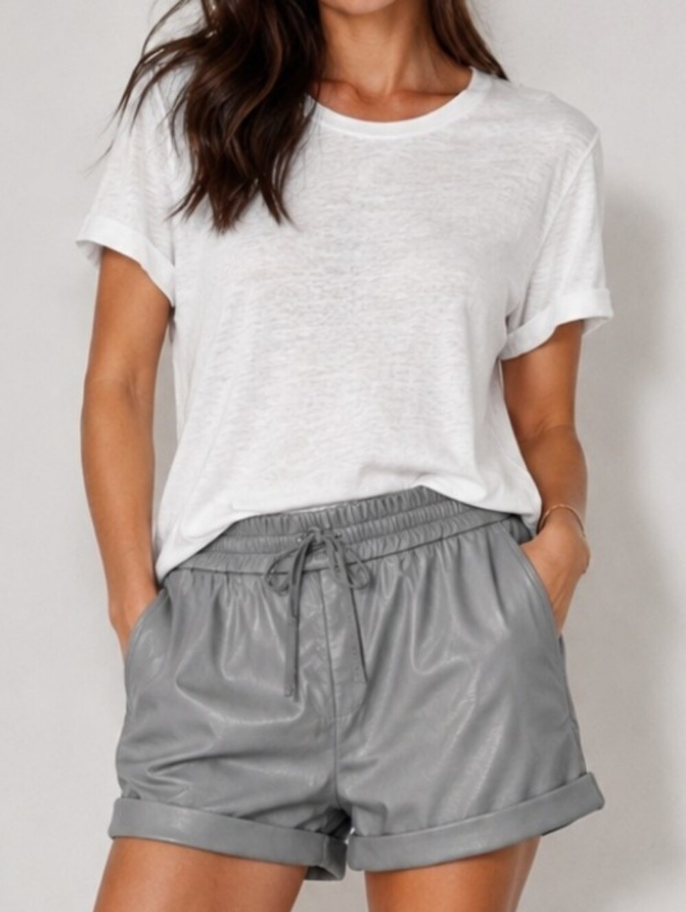 HELMUT LANG Grey Lambskin LEATHER Shorts Front/Stretch Cotton back Elastic Waist